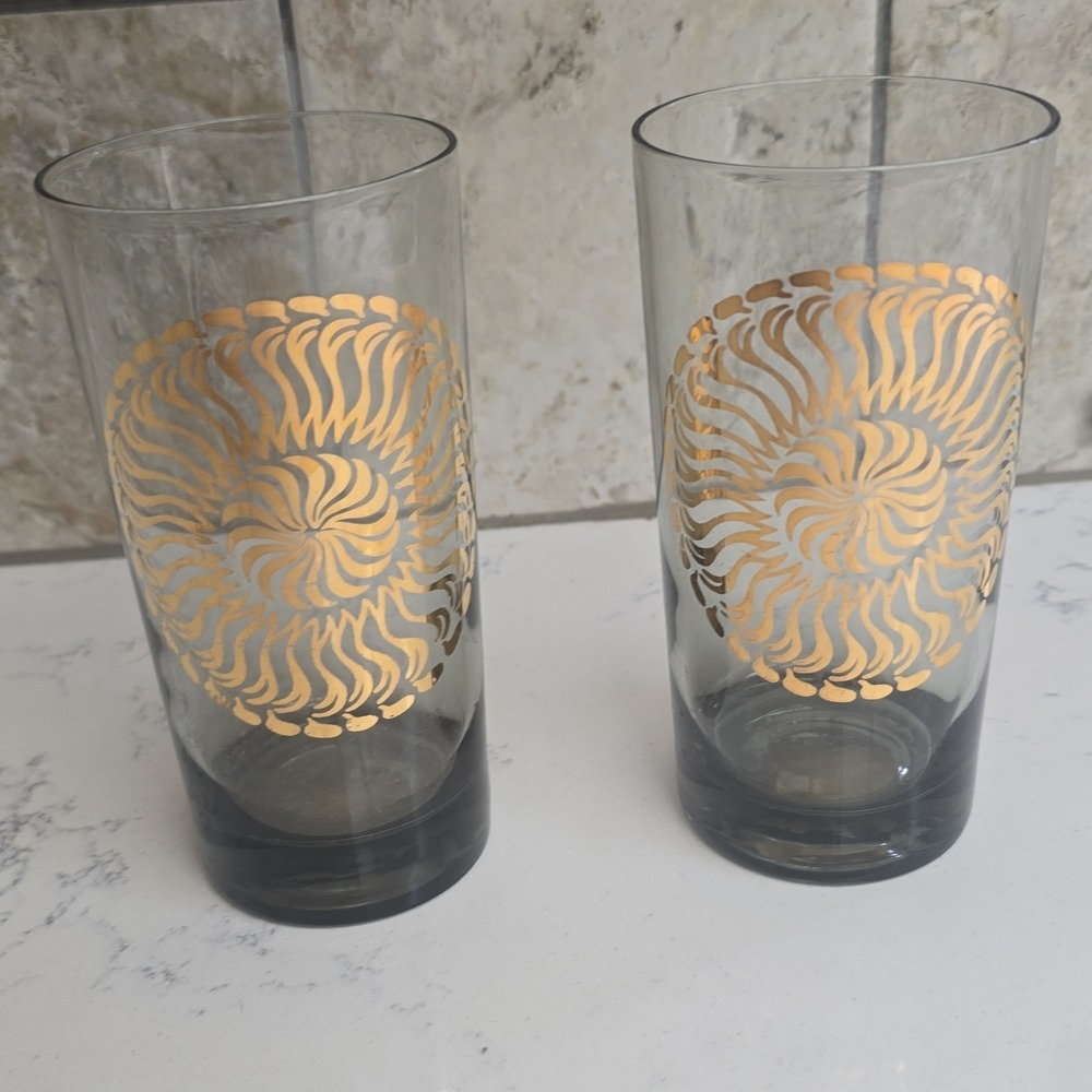 2 MID CENTURY Vintage Retro Gold Atomic Barware Tall Sun Burst Glasses MCM 1960s